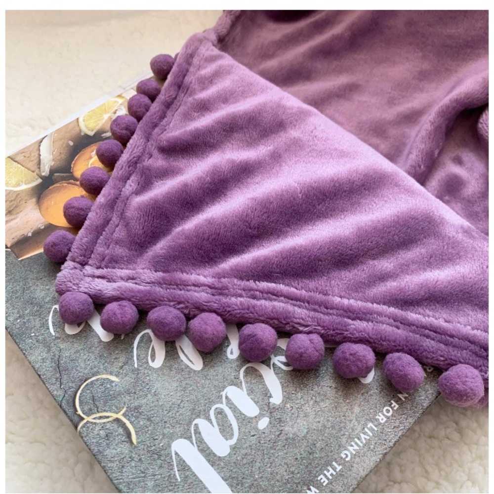 Purple Pompom Fringe Chic Cozy Soft Throw Blanket/Cover - Picture 6 of 16